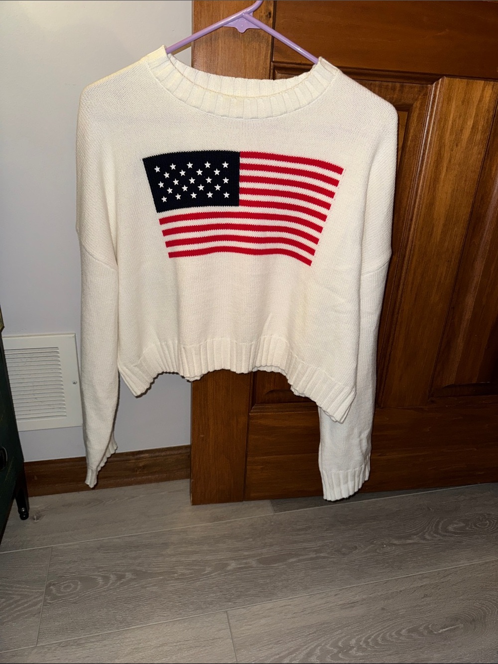 moon & madison White Knit Sweater with Red and Blue Flag Graphic